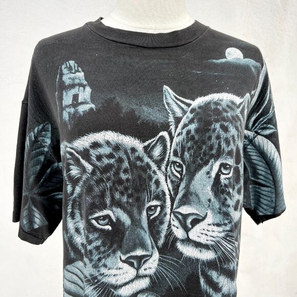 Vintage 90s Nature All Over Print Leopard in Jungle Single Stitch T-Shirt Sz Lrg - Picture 2 of 15